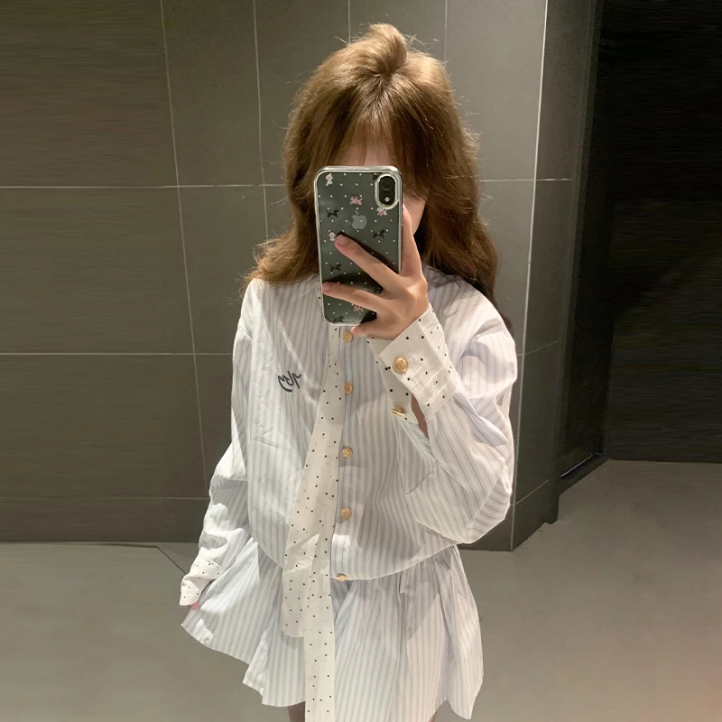 小个子韩系学院风条纹衬衫连衣裙子女2025早秋季新款收腰显瘦短裙