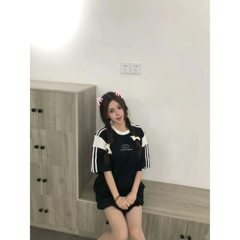 美式复古三条杠印花插肩袖短袖T恤女夏季休闲宽松纯棉半袖上衣潮