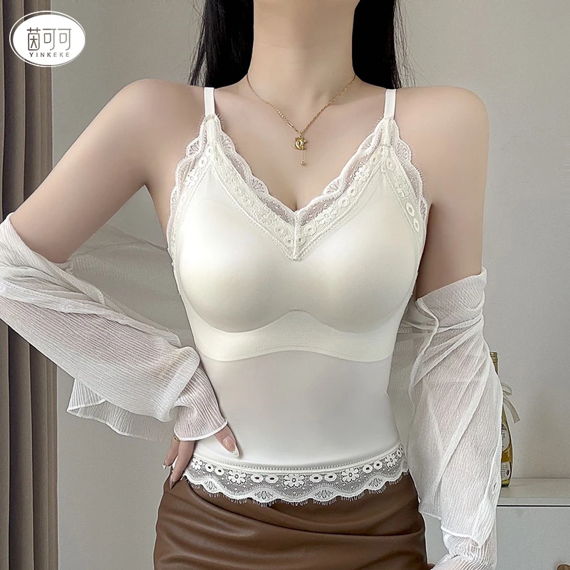 茵可可V领细肩带自带杯垫轻奢缎面蕾丝吊带背心Z