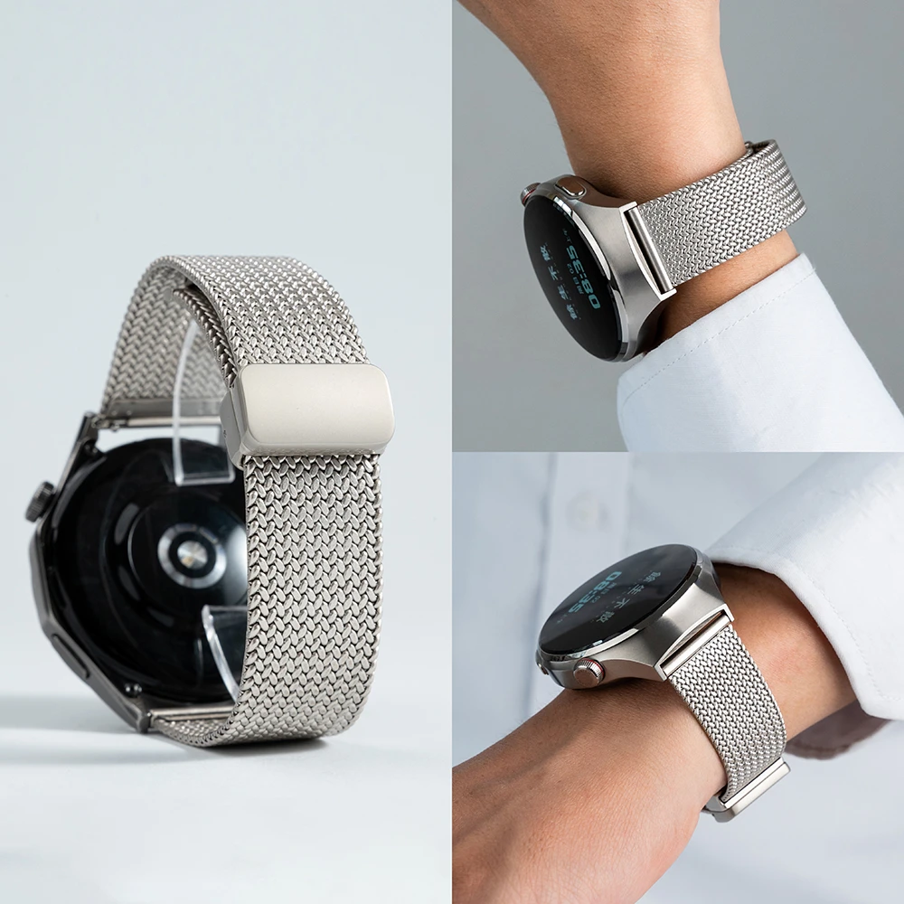 适用华为智能手表表带watch5/4pro金属麦穗米兰尼斯gt3折叠磁吸扣