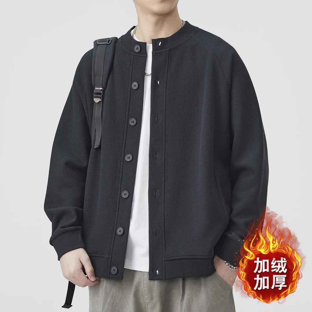 重磅加绒加厚开衫卫衣男外套2025秋冬新款潮牌宽松大码休闲华夫格