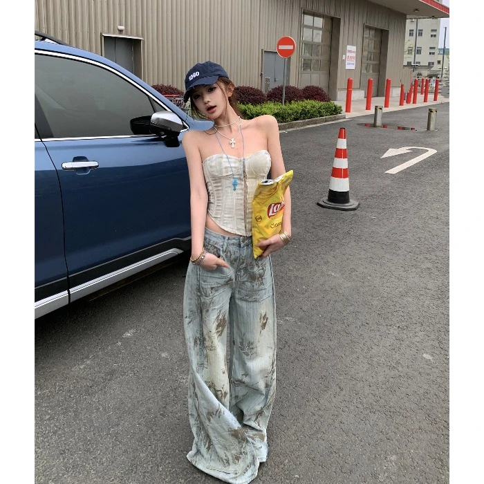 性感美背无袖抹胸背心女夏季鱼骨修身内搭辣妹风阔腿牛仔裤两件套