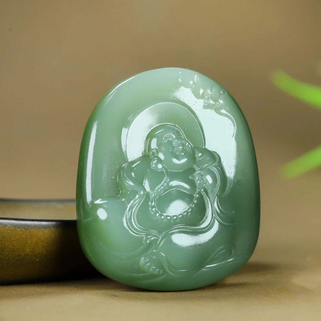 天然俄罗斯和田玉碧玉猫眼佛公吊坠