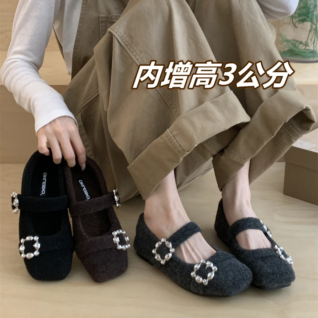 内增高3cm复古灰色玛丽珍单鞋女2025秋冬加绒棉鞋气质水钻毛毛鞋