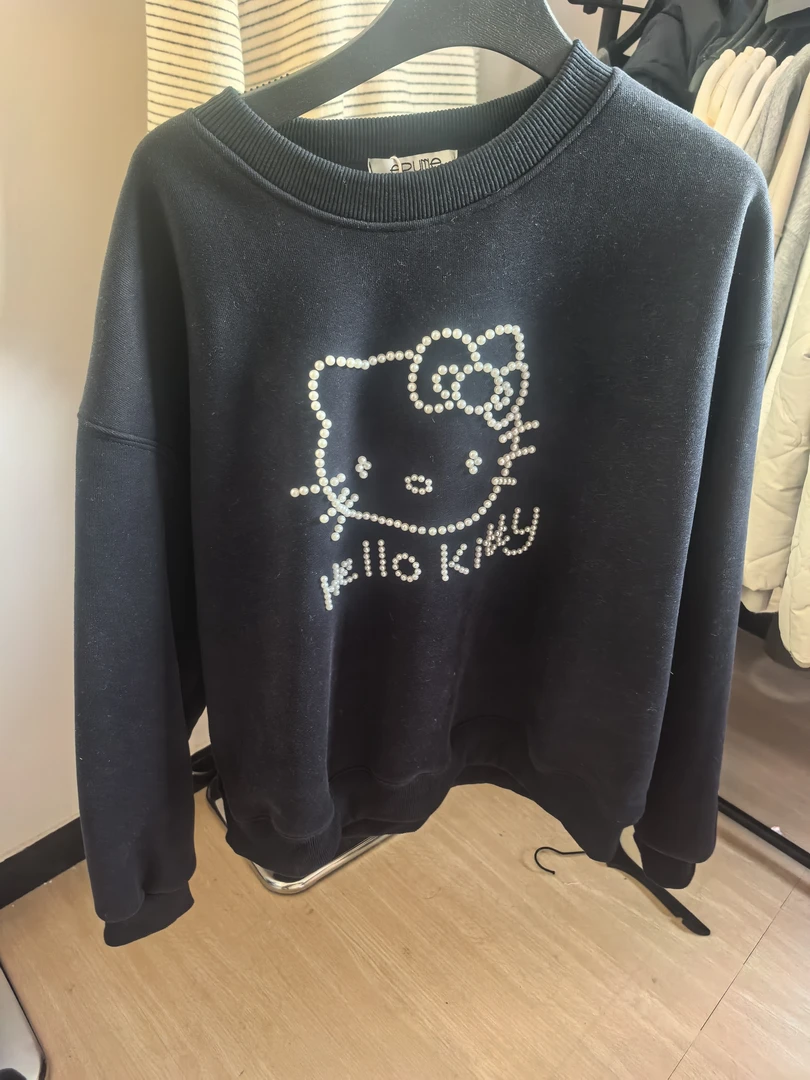 圆领KT猫印花加绒卫衣女宽松韩系休闲百搭冬季加厚长袖上衣潮