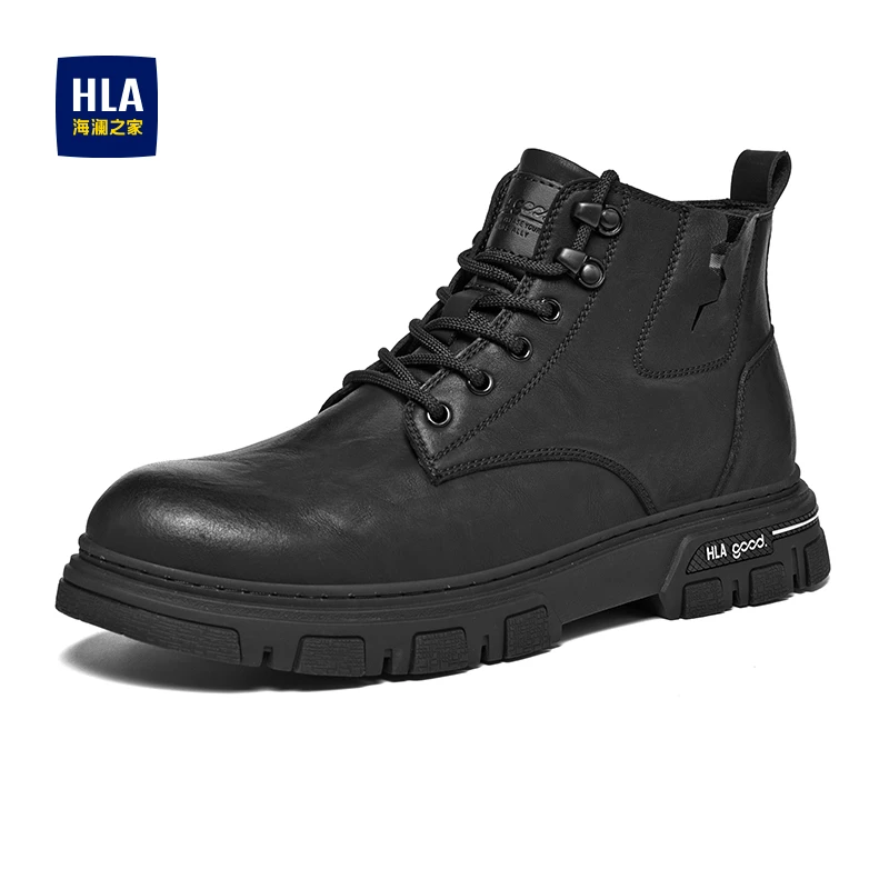HLA/海澜之家2025秋冬新款马丁靴黑色高帮软皮英伦风舒适户外工装