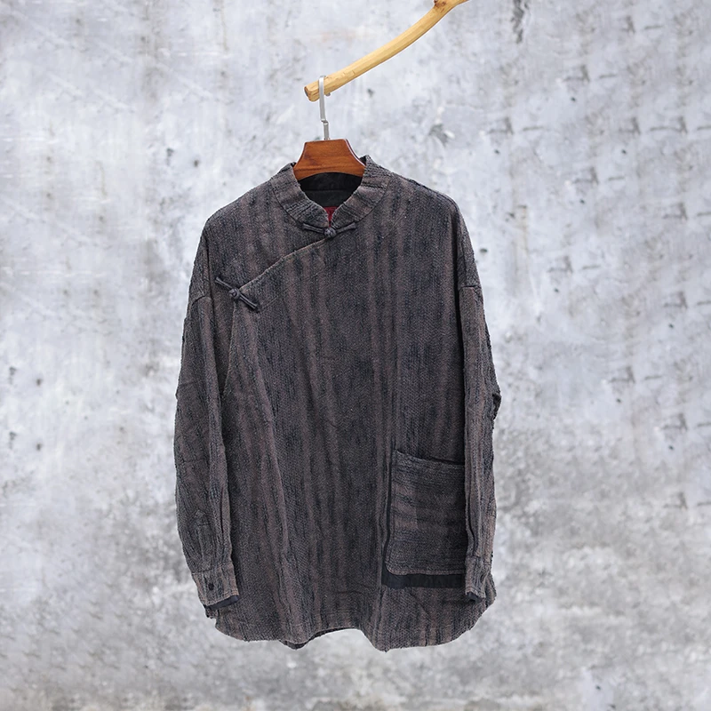 慢慢变蓝原创 荼 中式斜襟肌理外套 落肩立领盘扣长袖上衣