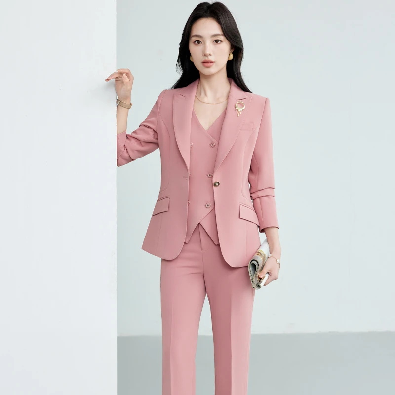 高级感红色西装套装女2025秋季新款气质显瘦西装马甲微喇裤三件套