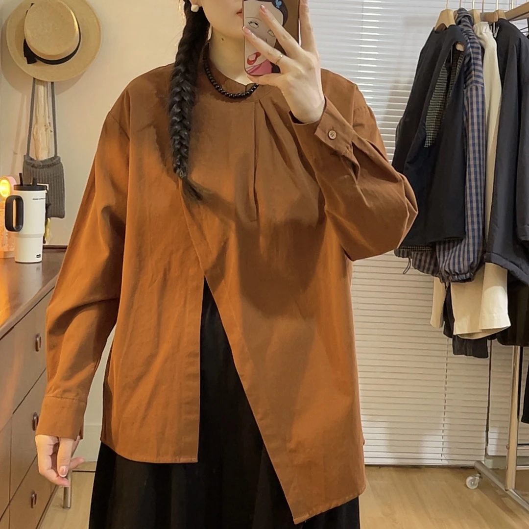 see Y自制 不规则开叉日杂风复古纯色衬衫 春秋款长袖百搭上衣