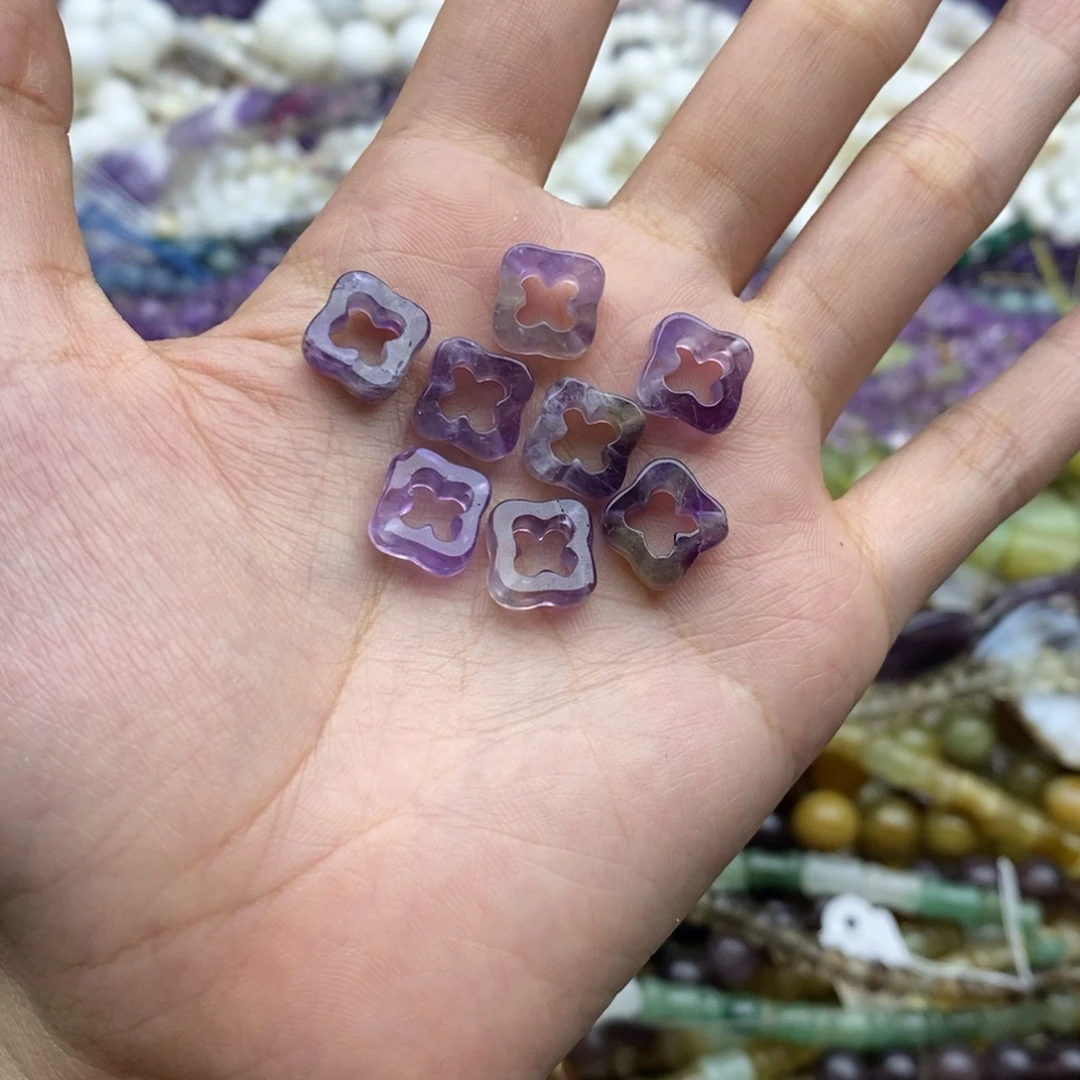 未镶嵌玛瑙/玉髓珠宝半成品2个紫水晶镂空四叶草10mm