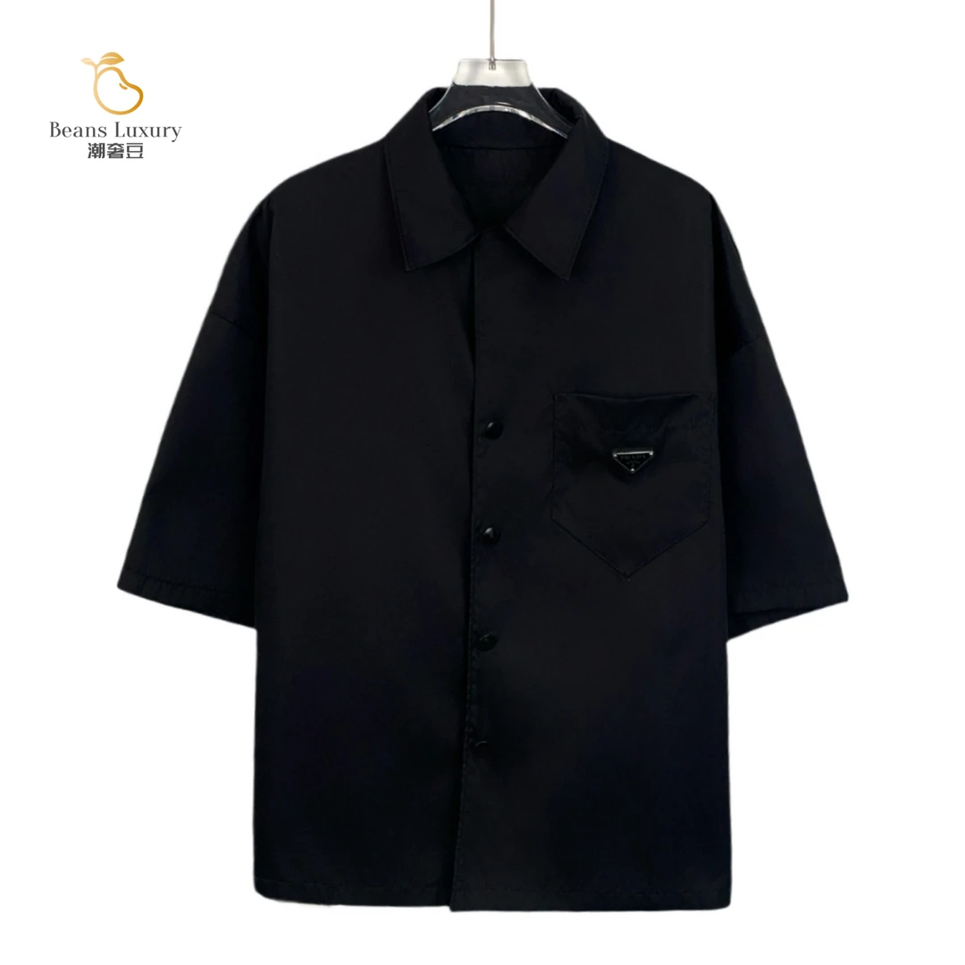 99新 Prada/普拉达 潮奢豆 严选/黑色三角标翻领短袖衬衫/X13254