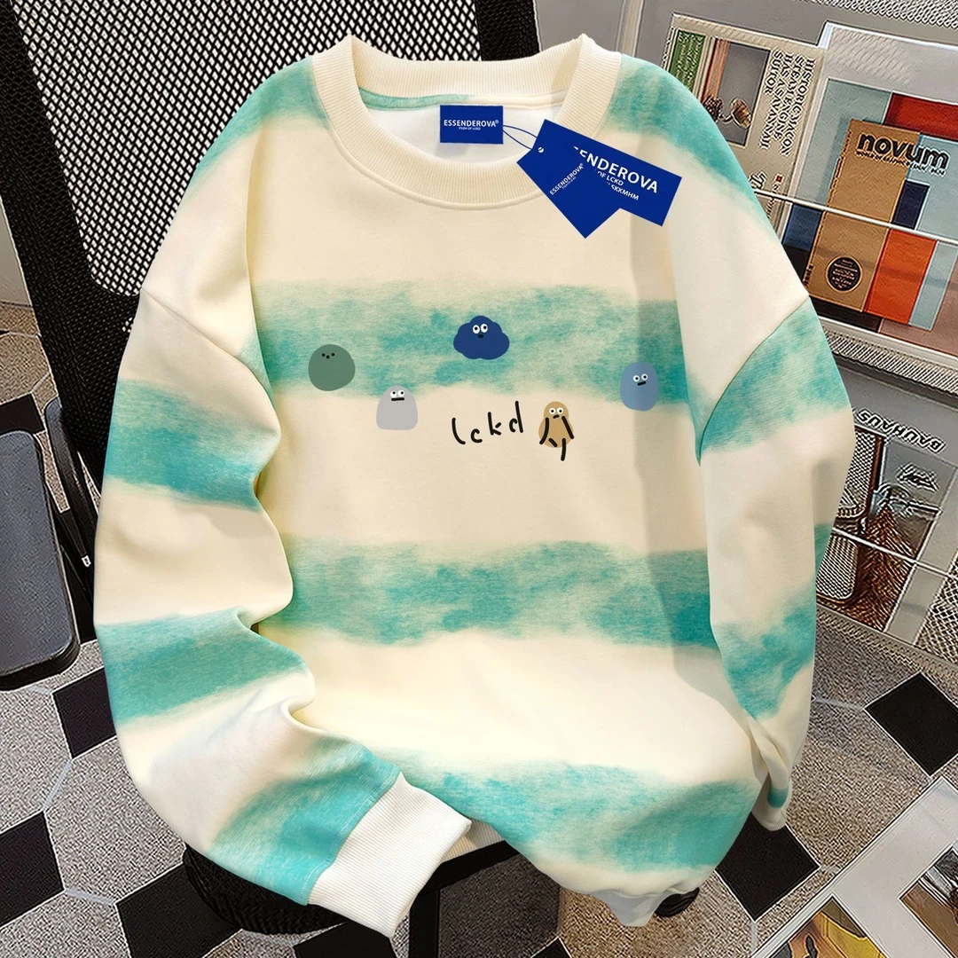 韩系时尚扎染横条加绒加厚宽松显瘦潮流圆领卫衣男女秋冬季上衣