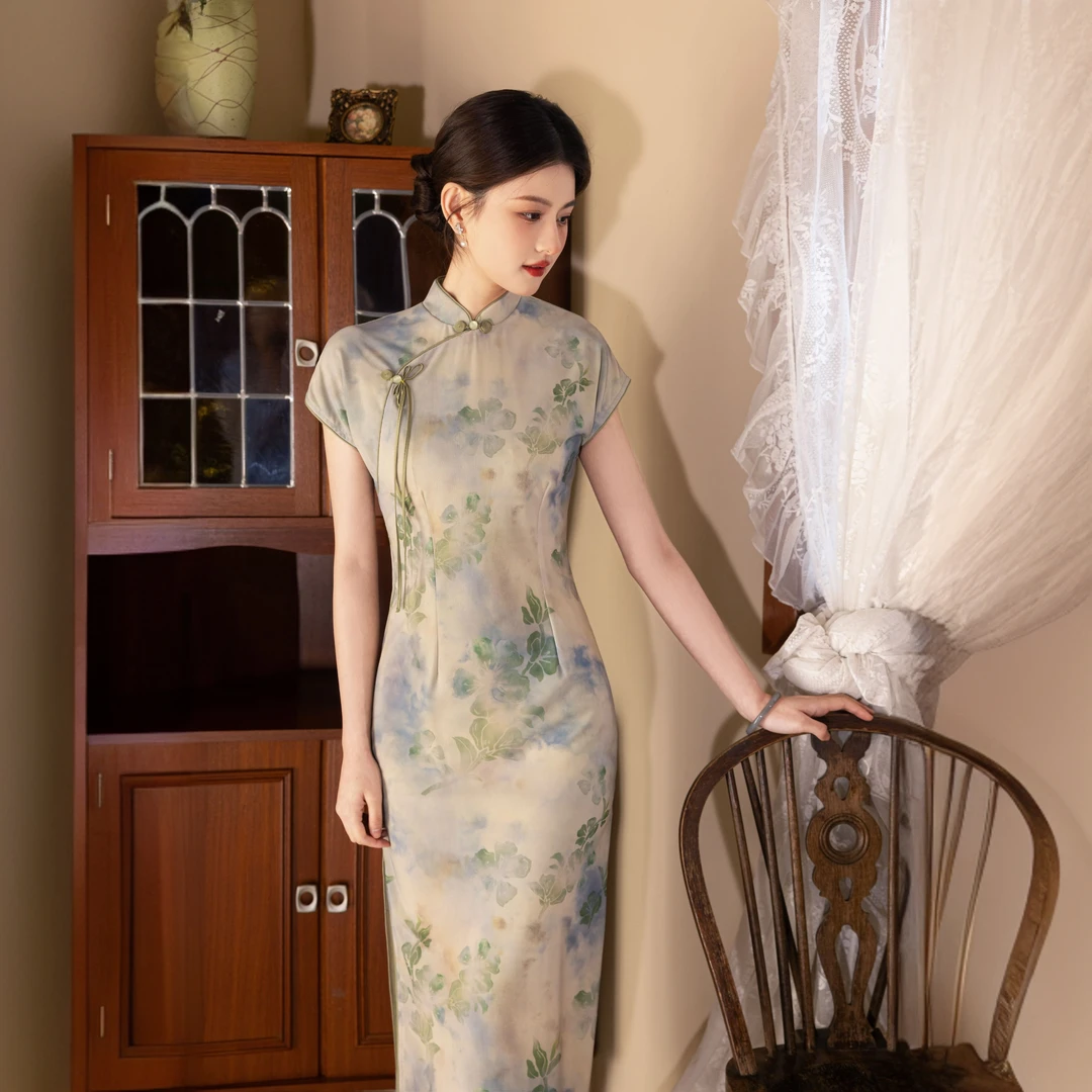 绿色连肩袖古法2025春夏季新款春夏季年轻款旗袍复古气质改良修身