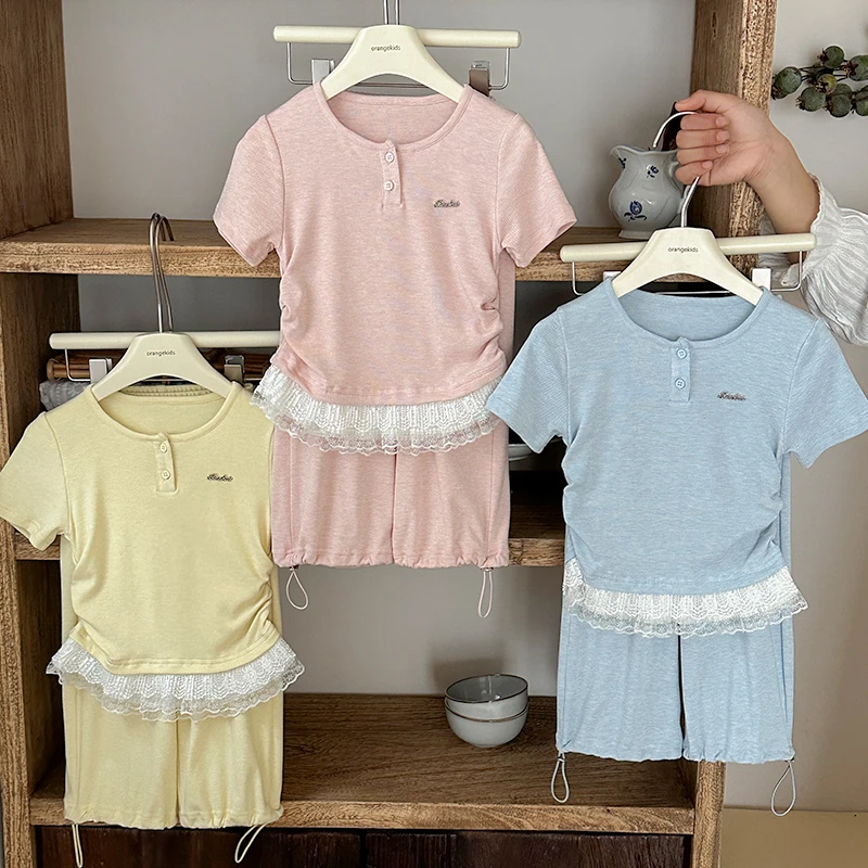 【橘子家】女童扣蕾丝边短袖上衣中短裤两件套夏季新款HS62022