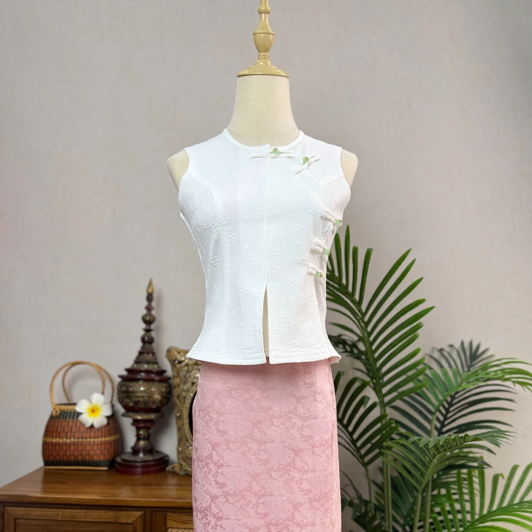 西双版纳改良傣族服装气质白色女士国风新中式民族风舞台茶服上衣