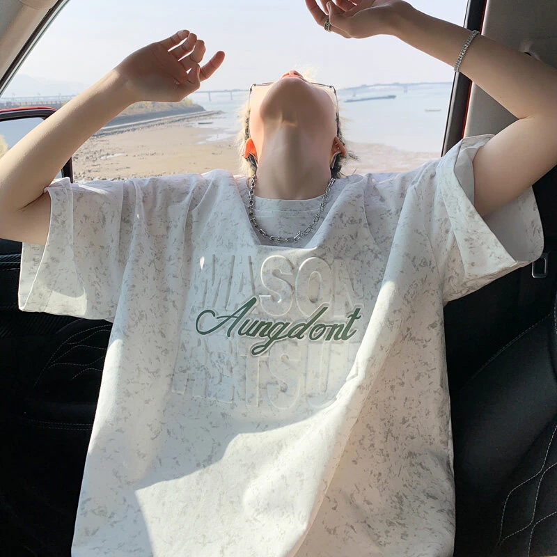 夏季短袖男款宽松钢印五分袖衣服青少年半袖体恤美式风凉感T恤男