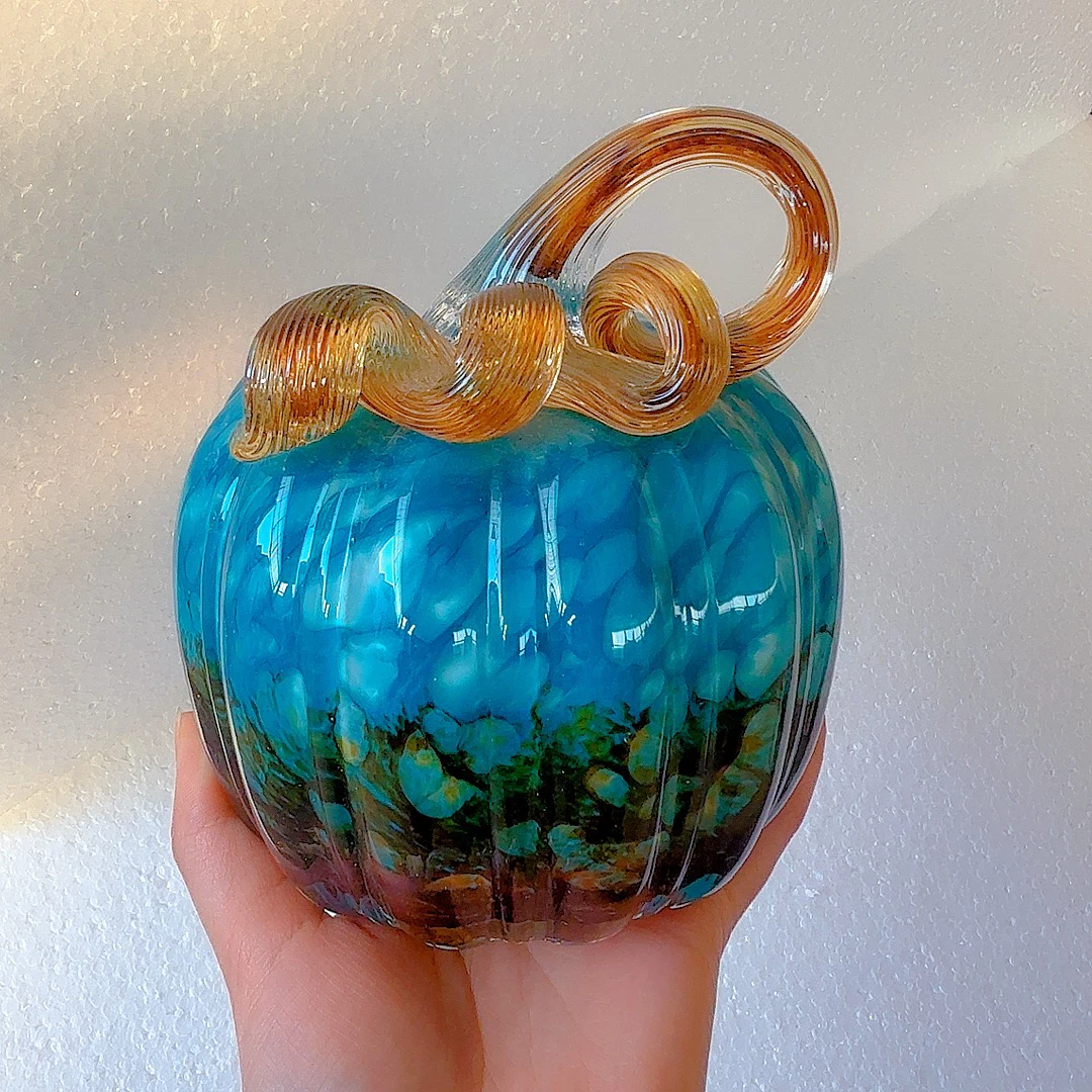 高档蓝咖色手绘琉璃南瓜大气客厅玻璃厚重款（孤品）