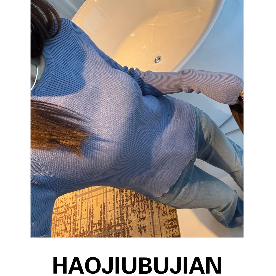 好久不见春款紫蓝色后背开衩针织衫