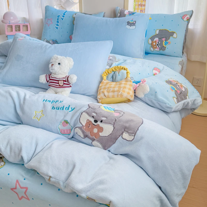 被套牛奶绒冬季150×200加绒卡通四件套儿童珊瑚绒学生宿舍被套