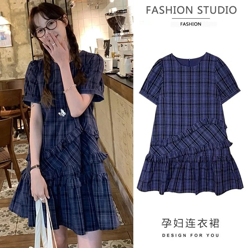 孕妇裙子2025春夏新款宽松荷叶边百搭格子短裙气质休闲孕妇连衣裙