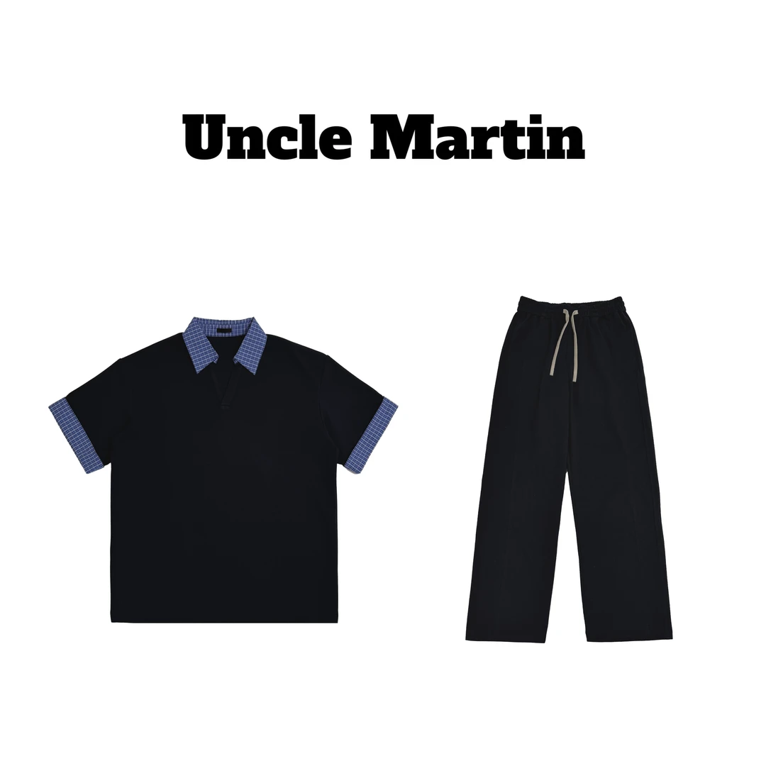 马丁叔叔 25S夏季翻领拼接短袖T恤设计师百搭时尚直筒裤253