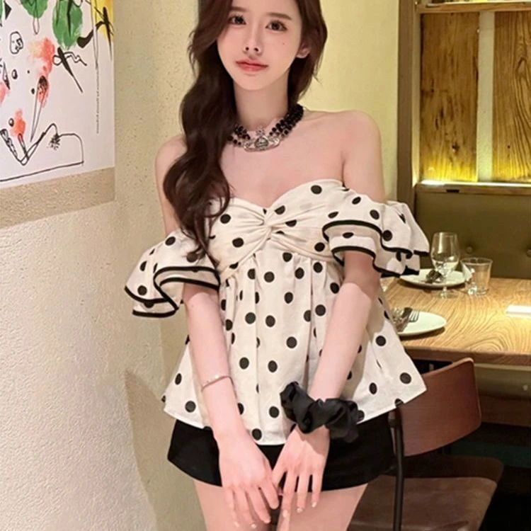 纯欲温柔风荷叶边波点一字肩衬衫女夏季设计感辣妹气质露肩上衣女