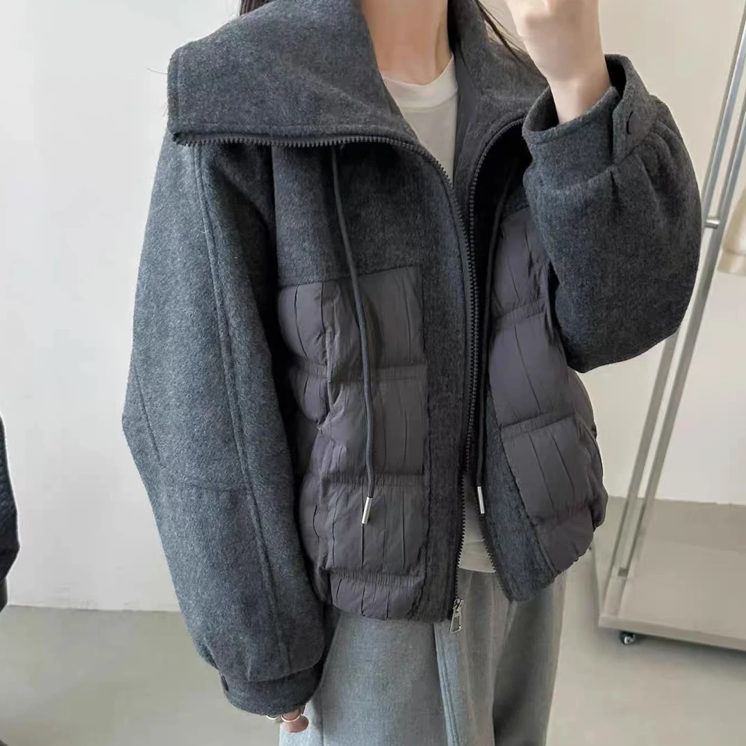 越野兔 灰色呢领翻领羽绒服6593