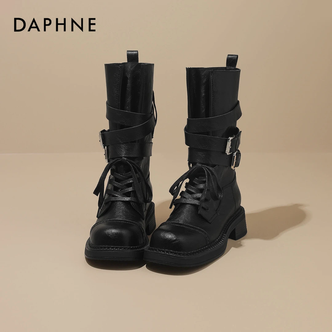达芙妮骑士靴女2025夏季新款配裙子中筒短靴百搭靴子机车靴西部靴