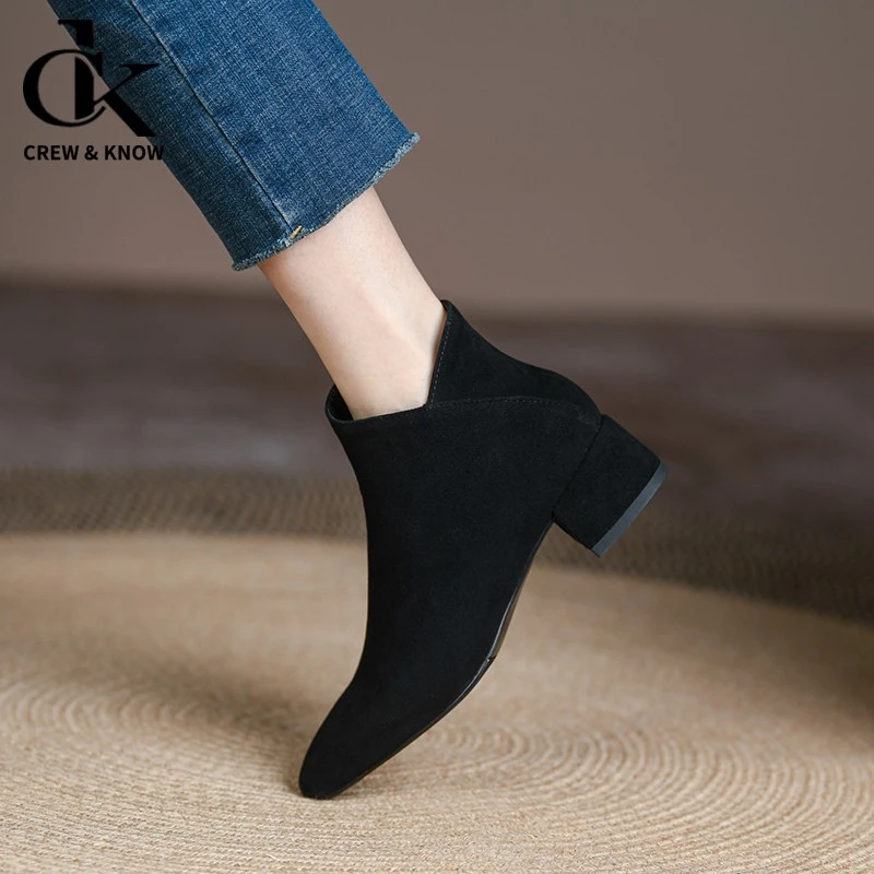 CREW&KNOW官方正品尖头翻毛皮短靴女粗跟平底加绒小众磨砂马丁靴