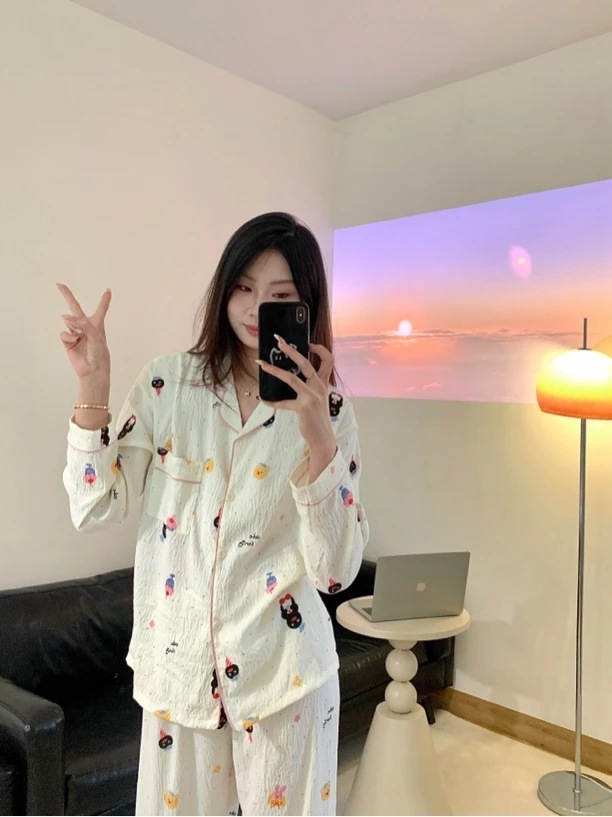 【波点企鹅】韩版可爱少女春秋季卡通企鹅睡衣女长袖薄款家居服套装