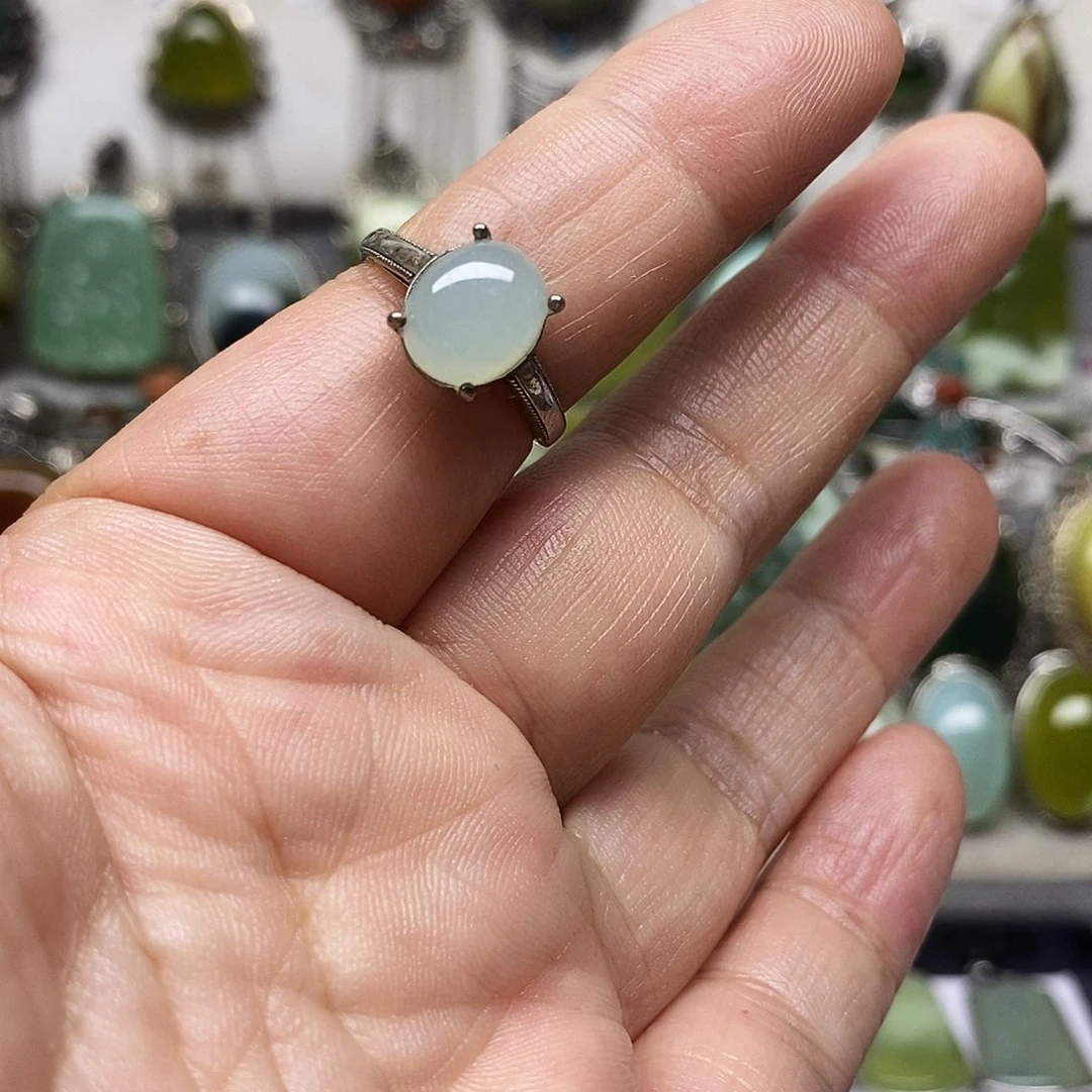 蛇纹石玉银S925镶嵌戒指