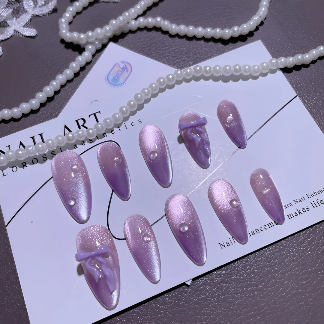 A1626『紫甜水滴』质感猫光紫色渐变立体水滴泡泡蝴蝶结手工穿戴甲