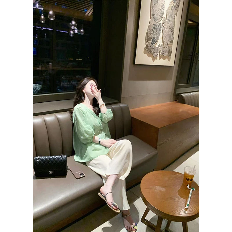 韩系甜美风设计小众时髦宽松圆领长袖上衣高腰直筒显瘦阔腿裤长裤