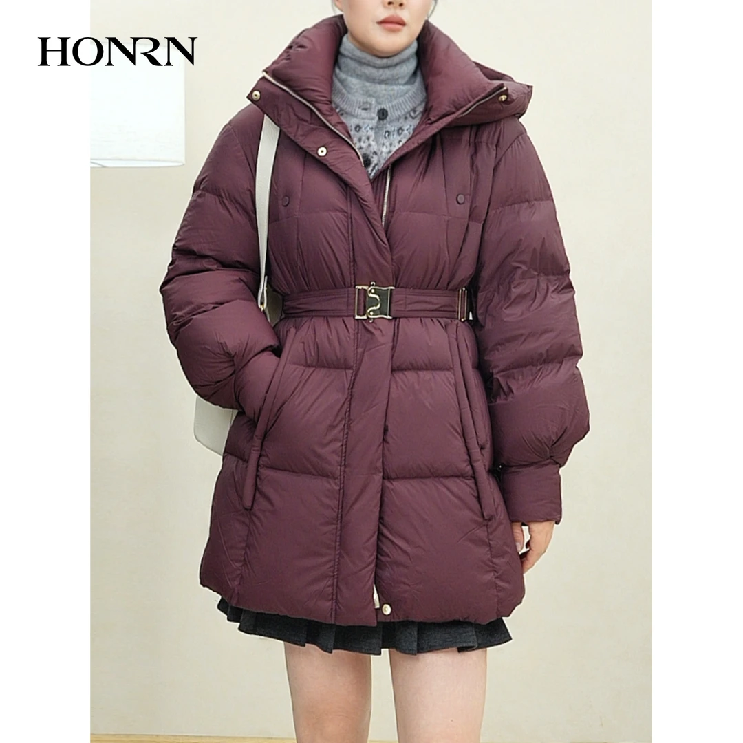 HONRN/红人时尚气质酒红色保暖白鸭绒羽绒服HK59YR138