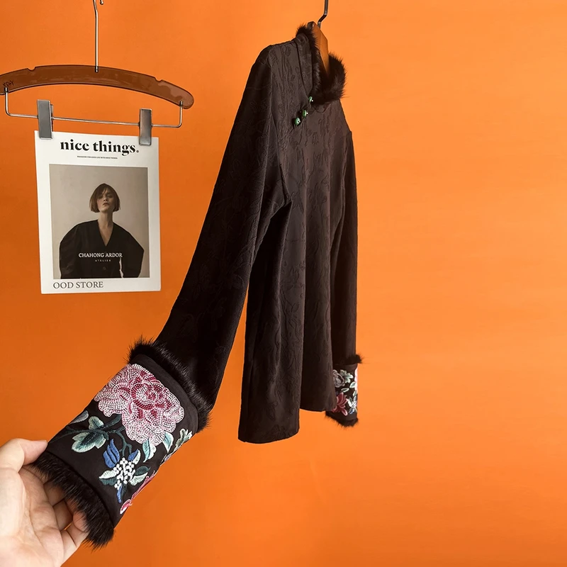 新中式秋冬女打底小衫黑色拼接长袖弹力复古提花轻国风刺绣上衣