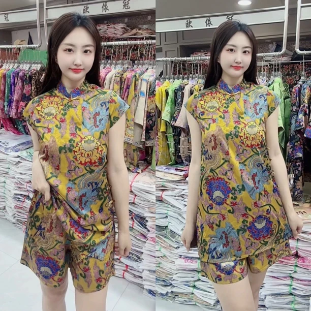 中式复古夏季百搭洋气女士盘扣网红旗袍印花短裤套装