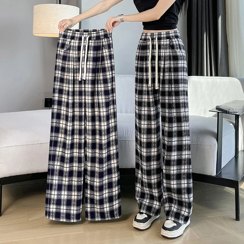 2025新款窄版阔腿裤女直筒春夏春秋格子高腰垂感九分小个子休闲裤