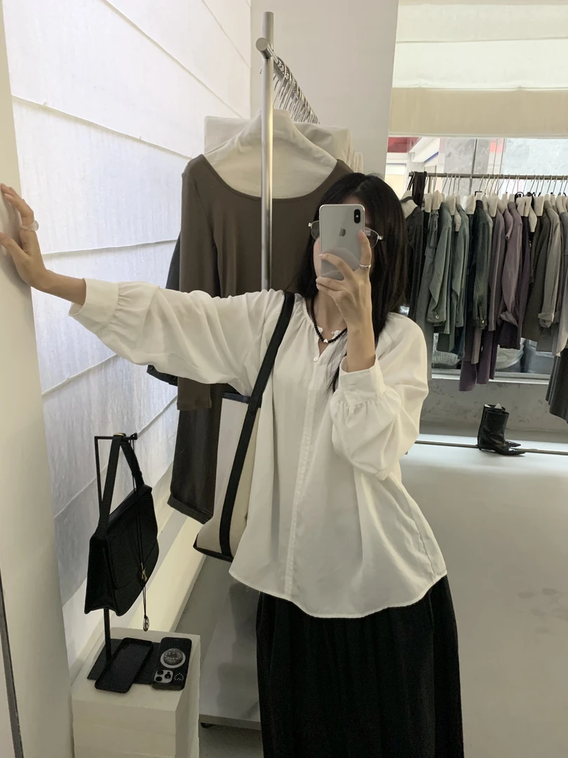 【银子精选】55372韩版衬衫气质宫廷风纯色长袖ins风