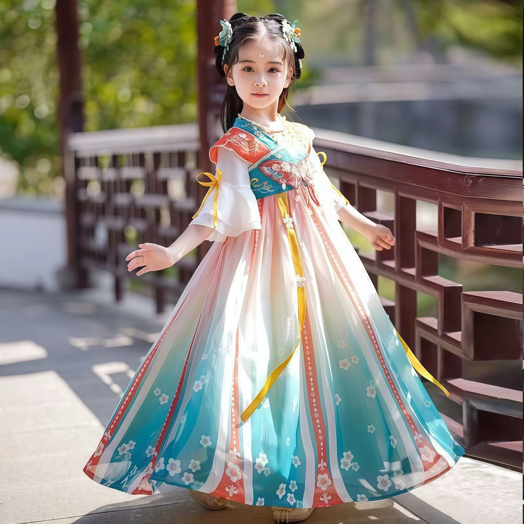 女童汉服古风夏季超仙唐装古装中国齐胸新款儿童连衣裙短袖