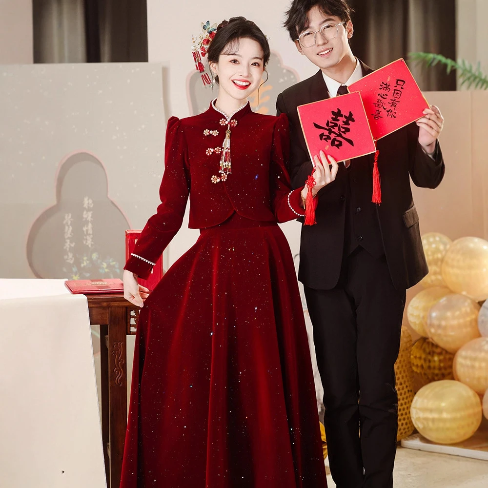 红色敬酒服2025新款新娘回门高级感订婚礼服女新中式秋冬结婚旗袍