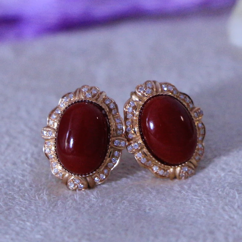 阿卡珊瑚蛋面耳钉气质女款