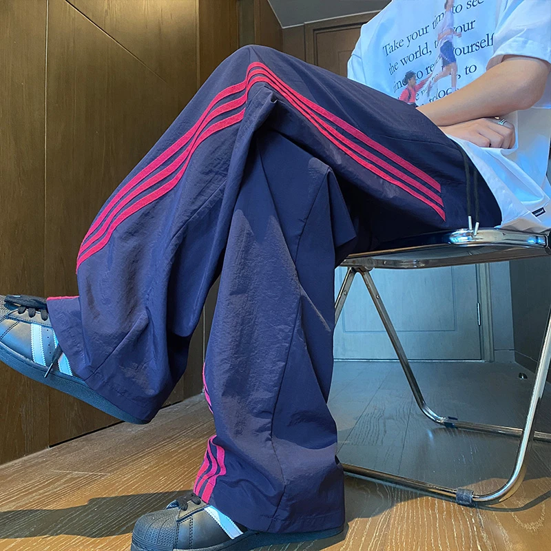 美式三条杠速干冰丝裤子男夏季vibe高街潮流直筒宽松运动休闲长裤