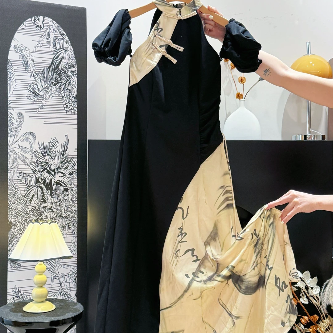 新中式国风拼接高定夏季时尚透气连衣裙休闲减龄长款少女裙DP7602