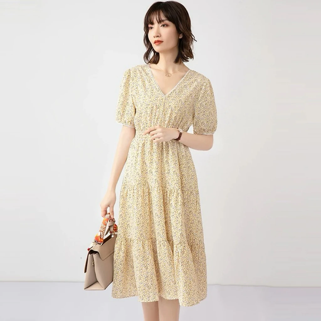 2506188法式V领收腰显瘦碎花长款连衣裙女仙女风25春夏新款