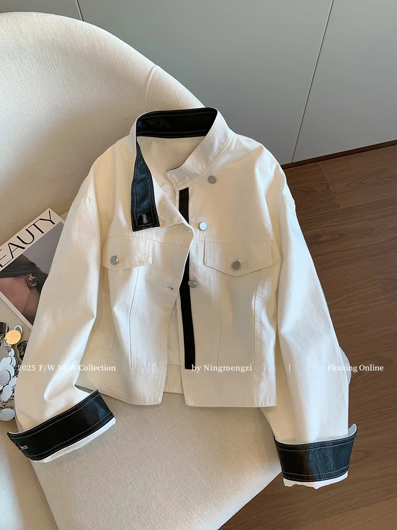 2025年秋季新款设计感拼皮撞色立领短外套女时尚高级休闲工装夹克