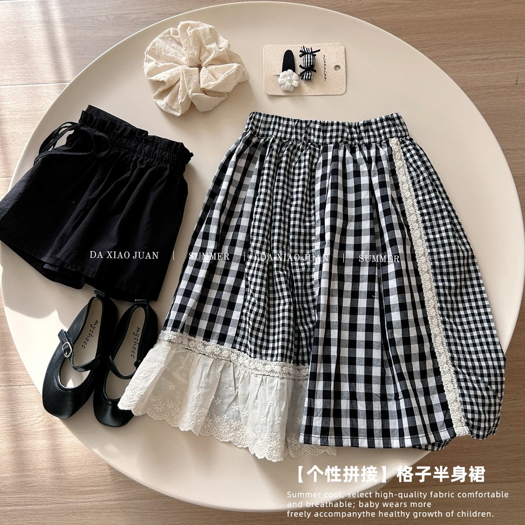 现货【大小卷】儿童夏季格子拼接女童半身裙-83004