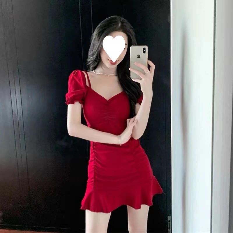 一字领连衣裙夏季修身泡泡袖褶皱包臀吊带裙子衣服女装2025新款