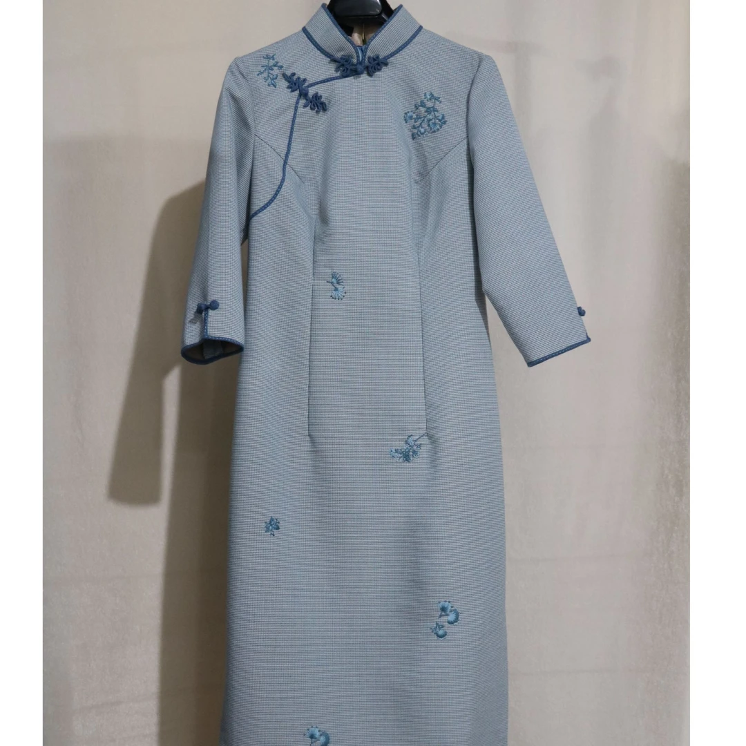 凤禧秋冬季中国风国风女士长款立领旗袍蓝色时尚刺绣