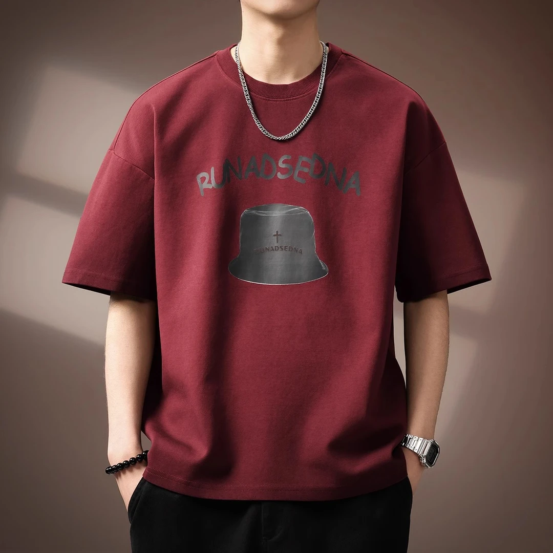 潮牌美式300g重磅安可拉红T恤男夏季高端宽松圆领休闲短袖体恤男