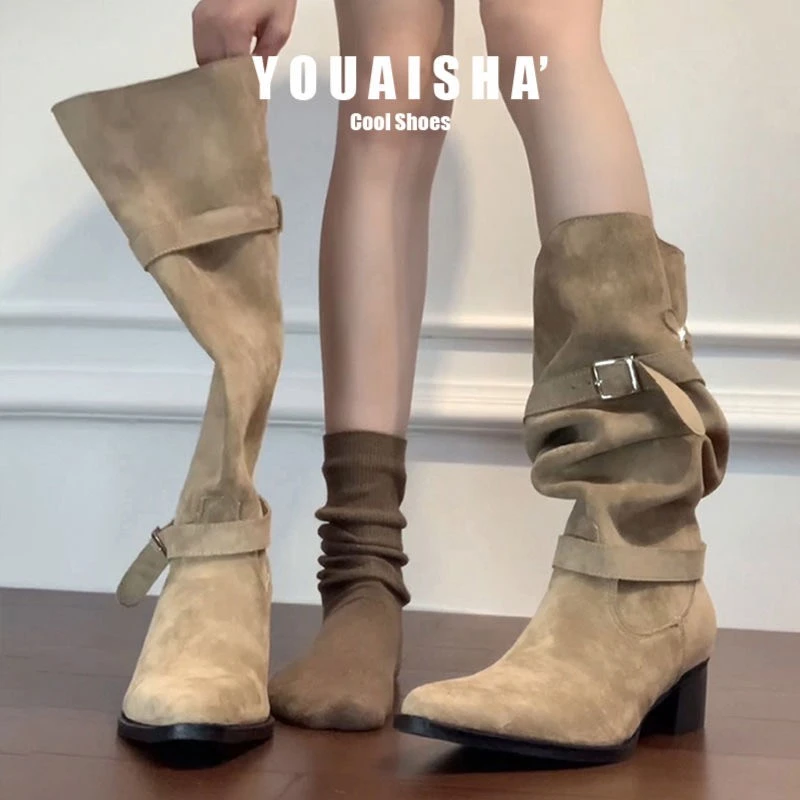 【运费补贴】时装靴擦色靴子单靴高跟粗跟高筒靴秋冬尖头女靴